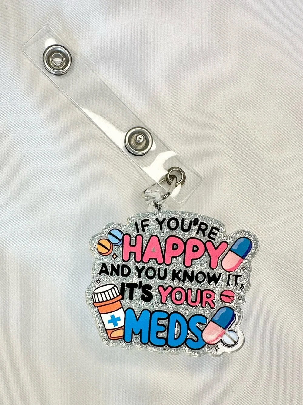 NWOT Funny Glitter Meds Badge Reel Nurse ID Holder Acrylic